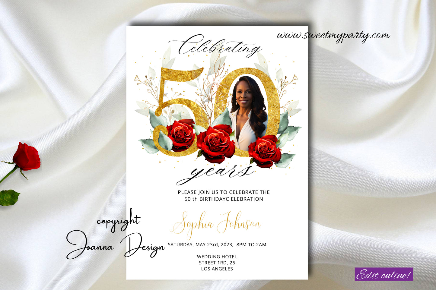 50th Birthday Party Invitation with photo|Red Roses 50th Birthday Party Celebration Invitation|(187A)|SweetMyParty