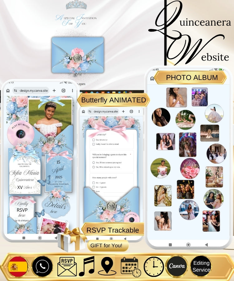 Blue Pink Quinceanera Invitation Website|Blue Pink Mis 15 Quince Invitation
