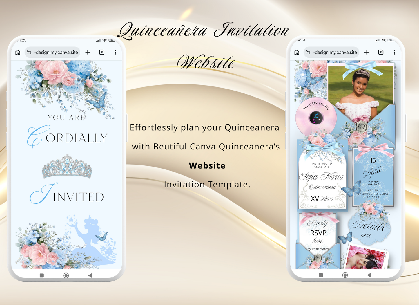 Blue Pink Quinceanera Invitation Website|Blue Pink Mis 15 Quince Invitation
