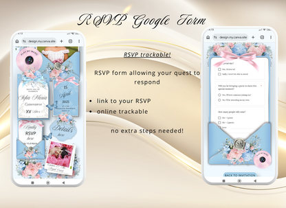 Blue Pink Quinceanera Invitation Website|Blue Pink Mis 15 Quince Invitation