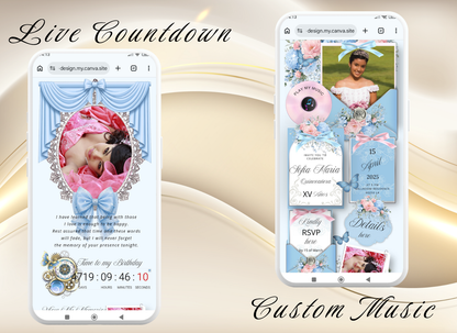 Blue Pink Quinceanera Invitation Website|Blue Pink Mis 15 Quince Invitation
