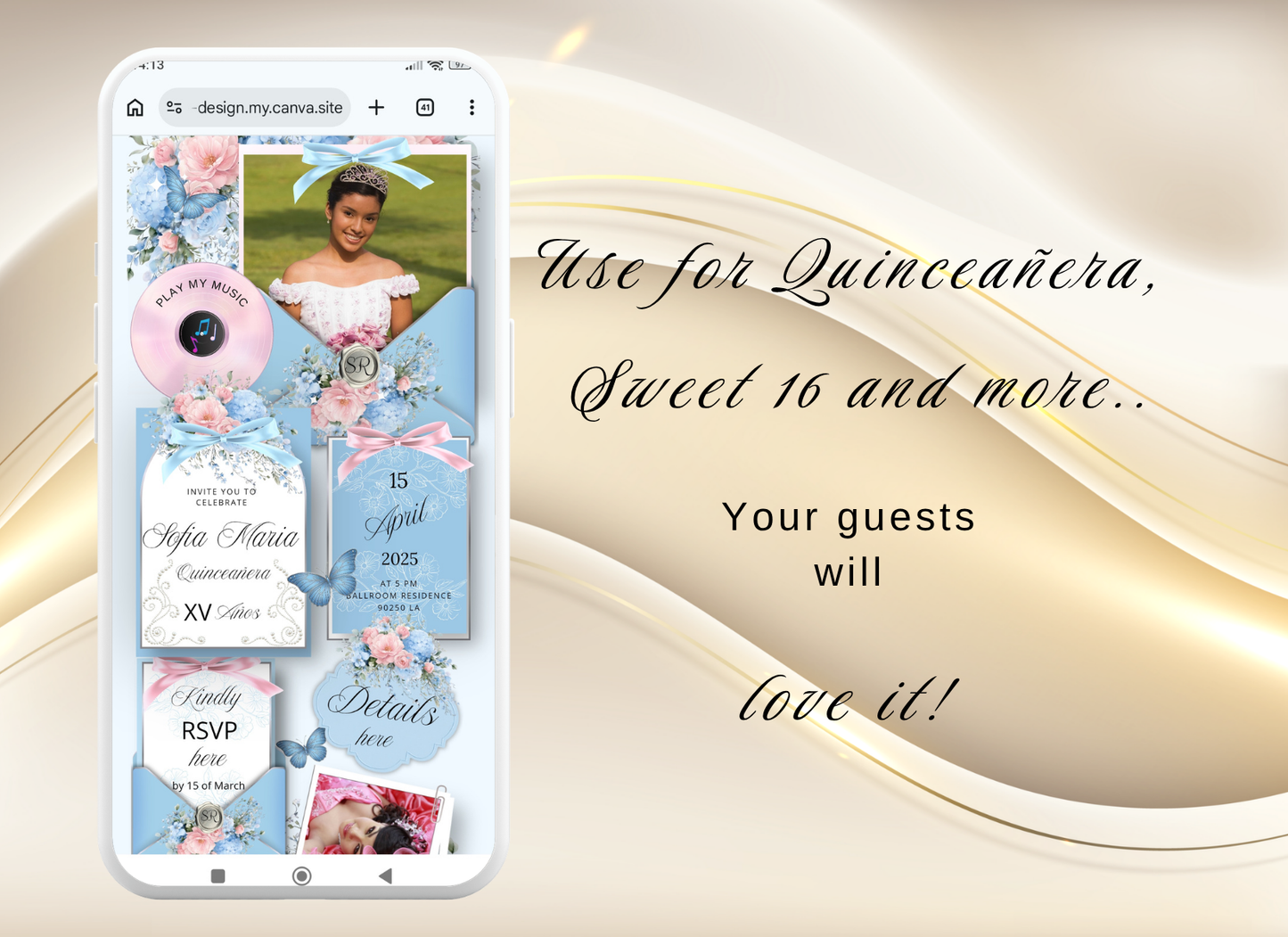 Blue Pink Quinceanera Invitation Website|Blue Pink Mis 15 Quince Invitation