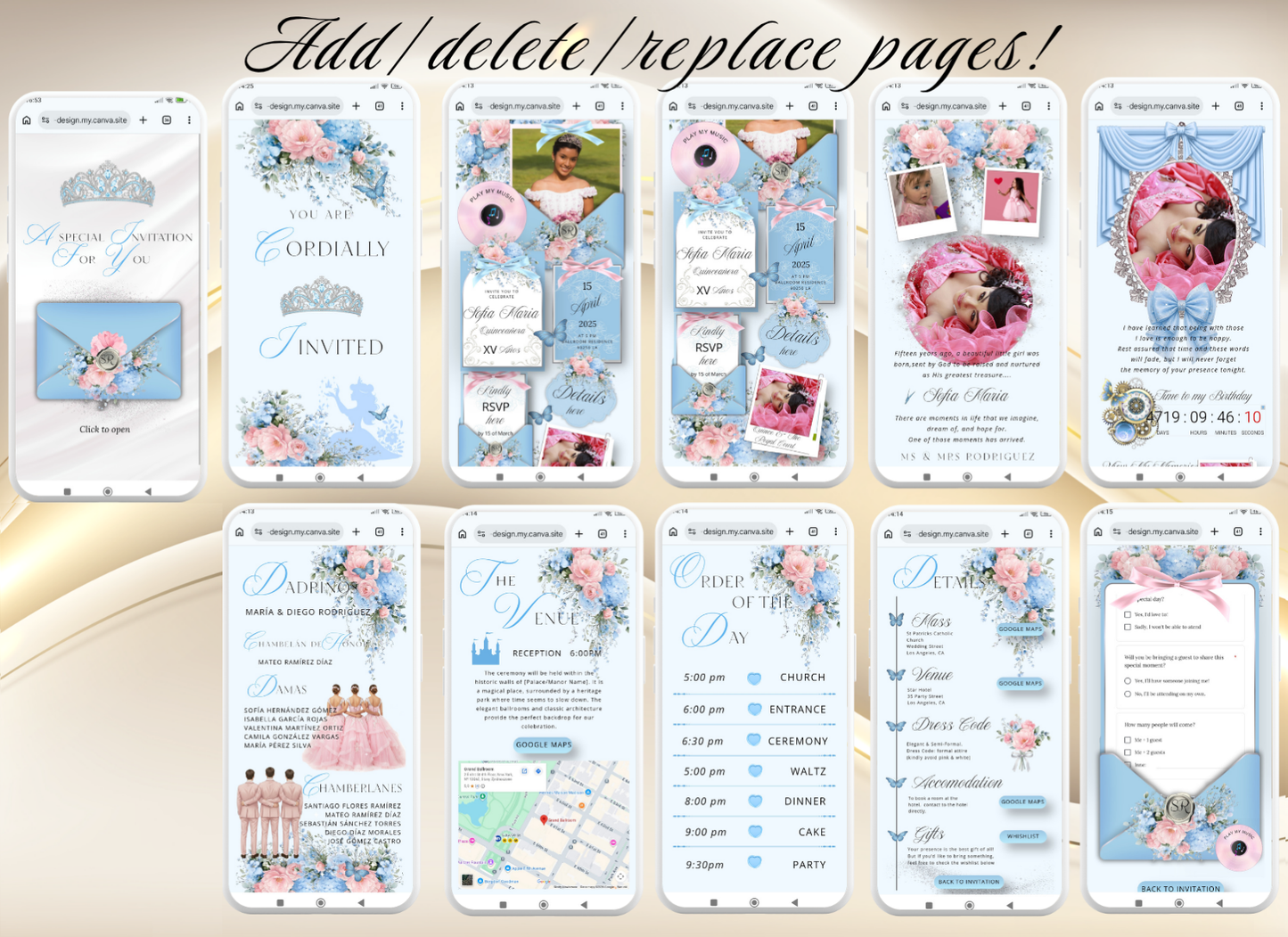 Blue Pink Quinceanera Invitation Website|Blue Pink Mis 15 Quince Invitation