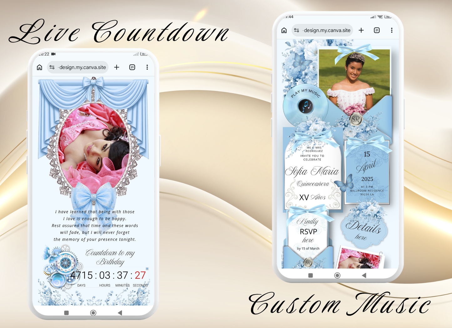 Blue Quinceañera Invitation Website|Baby Blue Mis 15 Quince Invitation Website