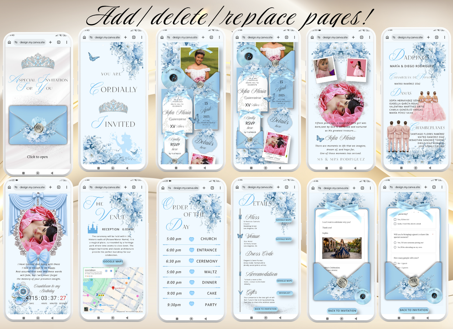 Blue Quinceañera Invitation Website|Baby Blue Mis 15 Quince Invitation Website