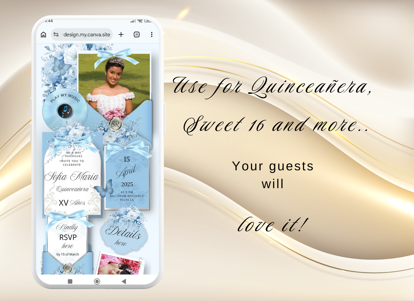 Blue Quinceañera Invitation Website|Baby Blue Mis 15 Quince Invitation Website