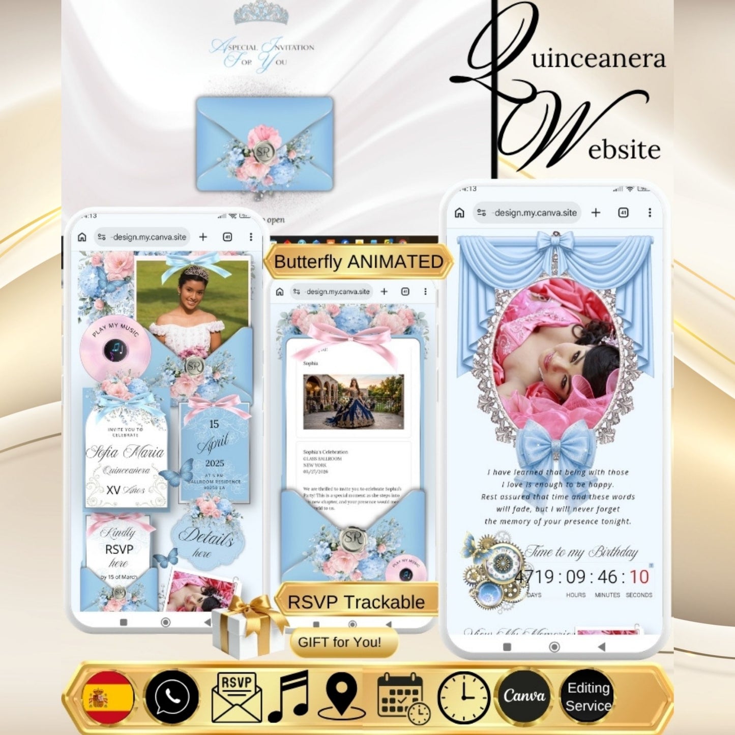 Blue Pink Quinceanera Invitation Website|Blue Pink Mis 15 Quince Invitation