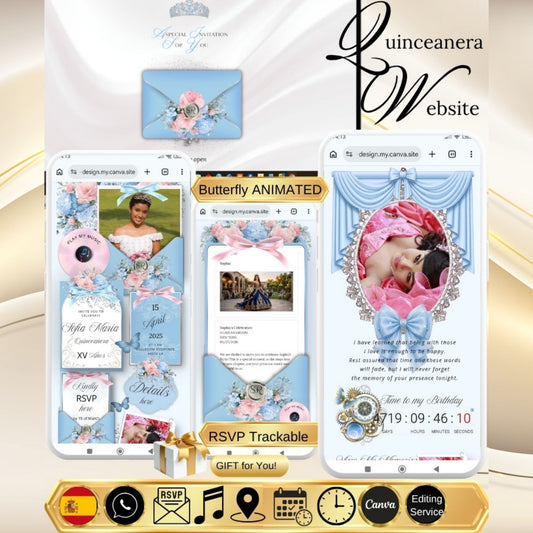 Blue Pink Quinceanera Invitation Website|Blue Pink Mis 15 Quince Invitation