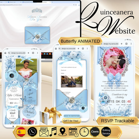 Blue Silver Quinceañera Invitation Website|Blue Mis 15 Quince Invitation Website|(068q)