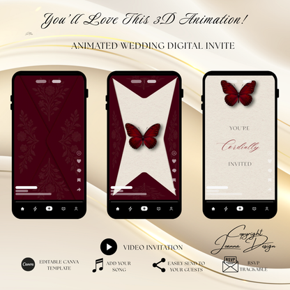 Burgundy Wedding Invitation Digital Video Animated, (0-001WV)