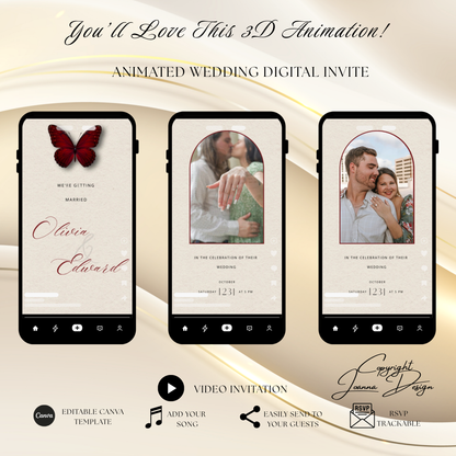 Burgundy Wedding Invitation Digital Video Animated, (0-001WV)