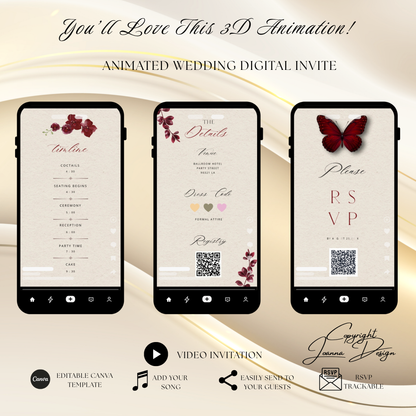 Burgundy Wedding Invitation Digital Video Animated, (0-001WV)