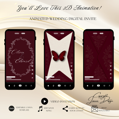 Burgundy Wedding Invitation Digital Video Animated, (0-001WV)