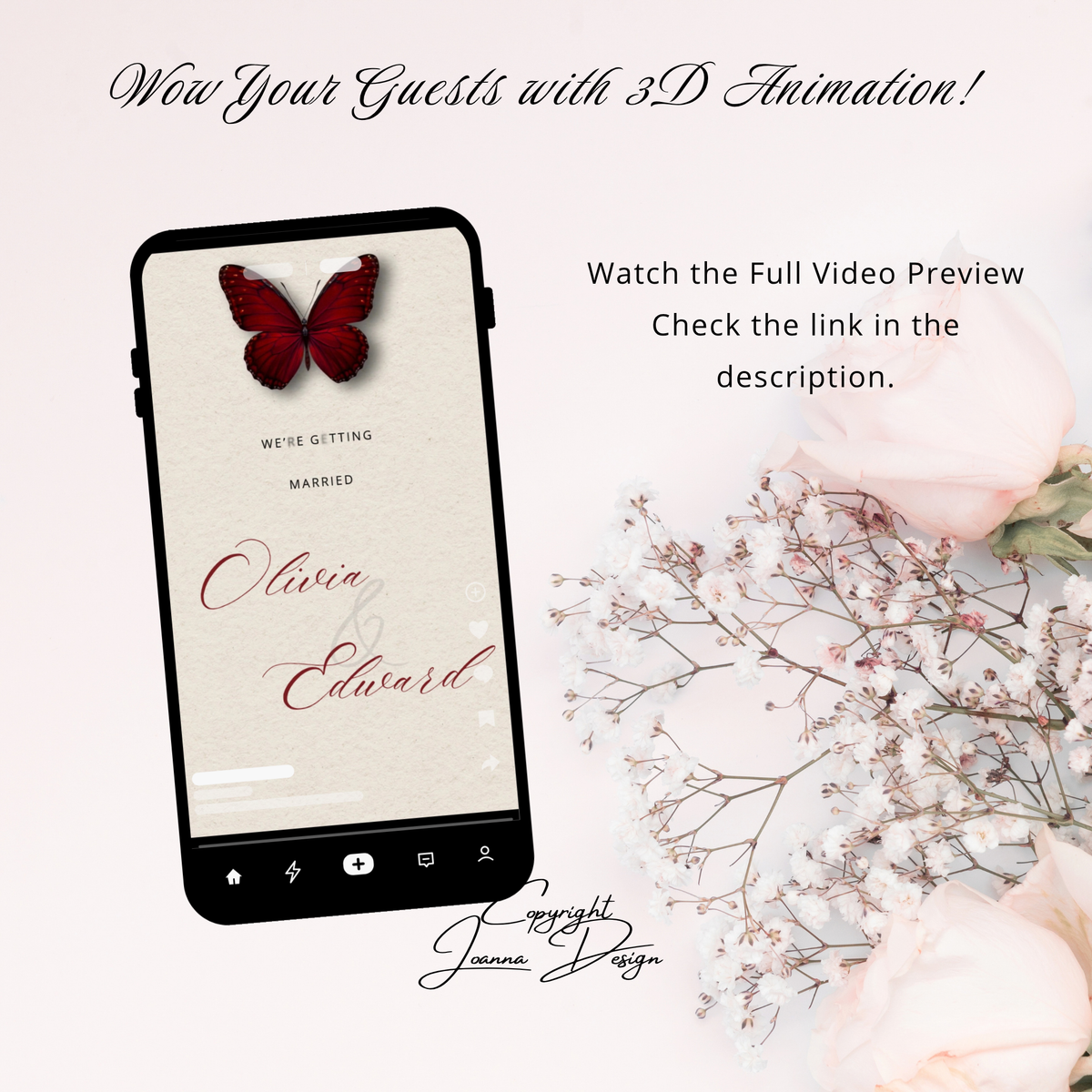 Burgundy Wedding Invitation Digital Video Animated, (0-001WV)