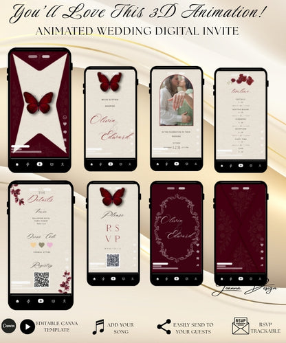 Burgundy Wedding Invitation Digital Video Animated, (0-001WV)