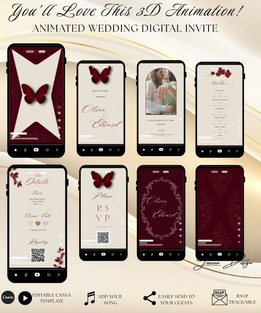 Burgundy Wedding Invitation Digital Video Animated, (0-001WV)