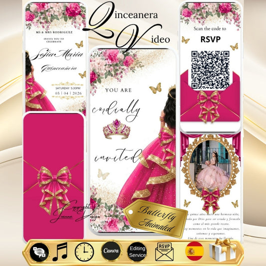 Hot Pink Fuchsia Quinceanera Invitation Video Digital|Hot Pink Fuchsia Mis 15 Quince Sweet 16 invitation