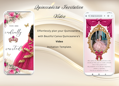 Hot Pink Fuchsia Quinceanera Invitation Video Digital|Hot Pink Fuchsia Mis 15 Quince Sweet 16 invitation