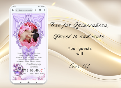 Lavender Quinceanera Invitation Website|Pink Mis 15 Anos Website Invitation Digital|064q