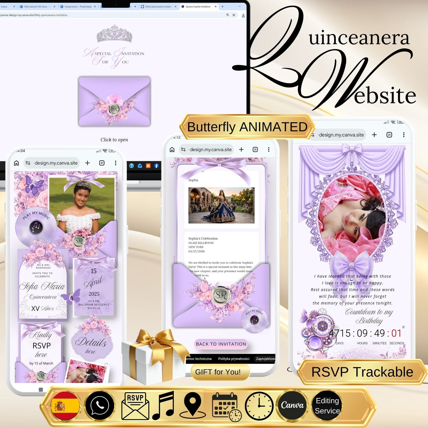 Lavender Quinceanera Invitation Website|Pink Mis 15 Anos Website Invitation Digital|064q