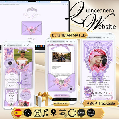Lavender Quinceanera Invitation Website|Pink Mis 15 Anos Website Invitation Digital|064q