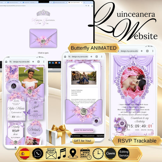 Lavender Quinceanera Invitation Website|Pink Mis 15 Anos Website Invitation Digital|064q