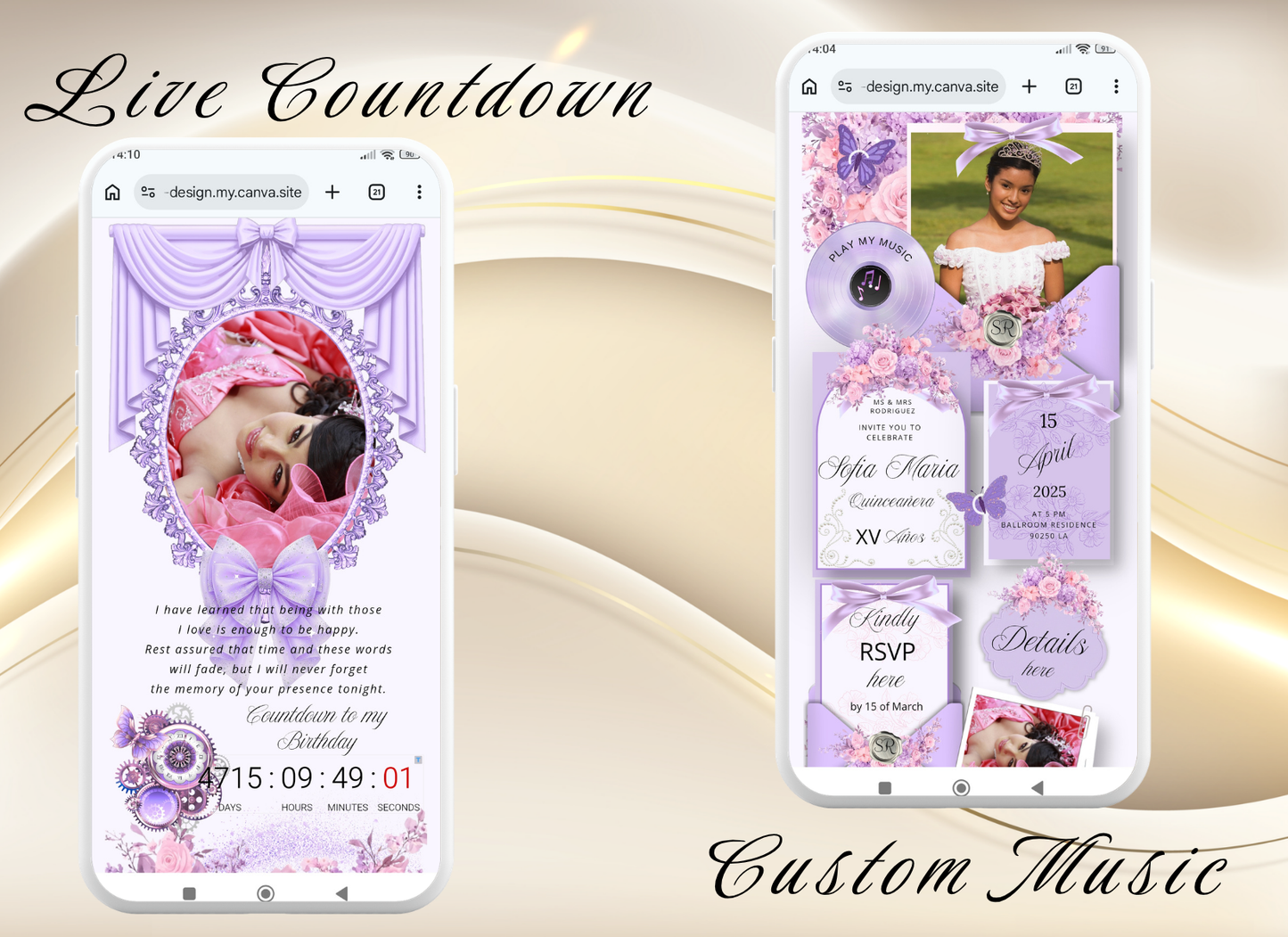 Lavender Quinceanera Invitation Website|Pink Mis 15 Anos Website Invitation Digital|064q
