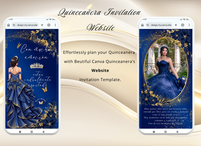 Navy Blue Quinceanera Invitation Website Digital, Princess Birthday Invitation Digital,(036qw)