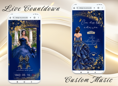Navy Blue Quinceanera Invitation Website Digital, Princess Birthday Invitation Digital,(036qw)