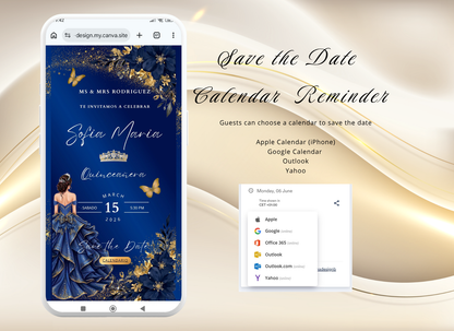 Navy Blue Quinceanera Invitation Website Digital, Princess Birthday Invitation Digital,(036qw)