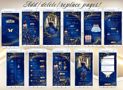 Navy Blue Quinceanera Invitation Website Digital, Princess Birthday Invitation Digital,(036qw)