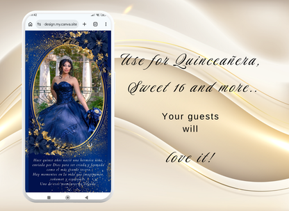 Navy Blue Quinceanera Invitation Website Digital, Princess Birthday Invitation Digital,(036qw)