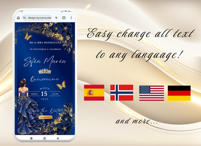 Navy Blue Quinceanera Invitation Website Digital, Princess Birthday Invitation Digital,(036qw)