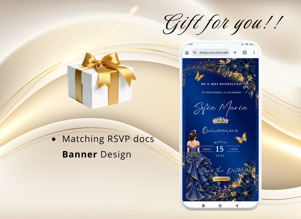 Navy Blue Quinceanera Invitation Website Digital, Princess Birthday Invitation Digital,(036qw)