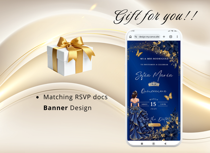 Navy Blue Quinceanera Invitation Website Digital, Princess Birthday Invitation Digital,(036qw)