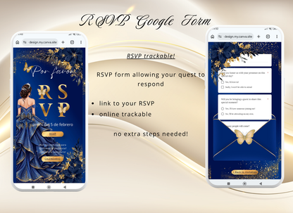 Navy Blue Quinceanera Invitation Website Digital, Princess Birthday Invitation Digital,(036qw)