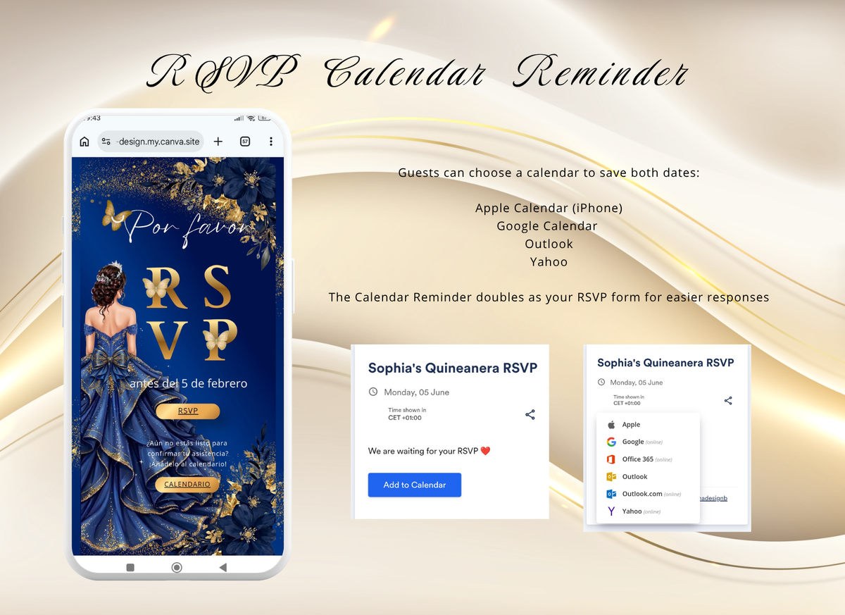 Navy Blue Quinceanera Invitation Website Digital, Princess Birthday Invitation Digital,(036qw)