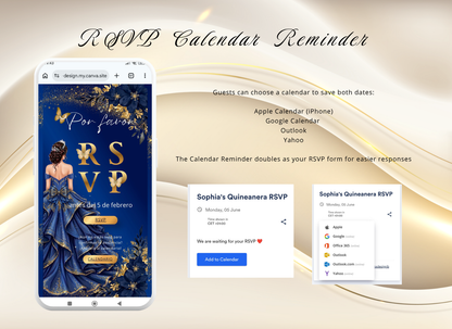 Navy Blue Quinceanera Invitation Website Digital, Princess Birthday Invitation Digital,(036qw)