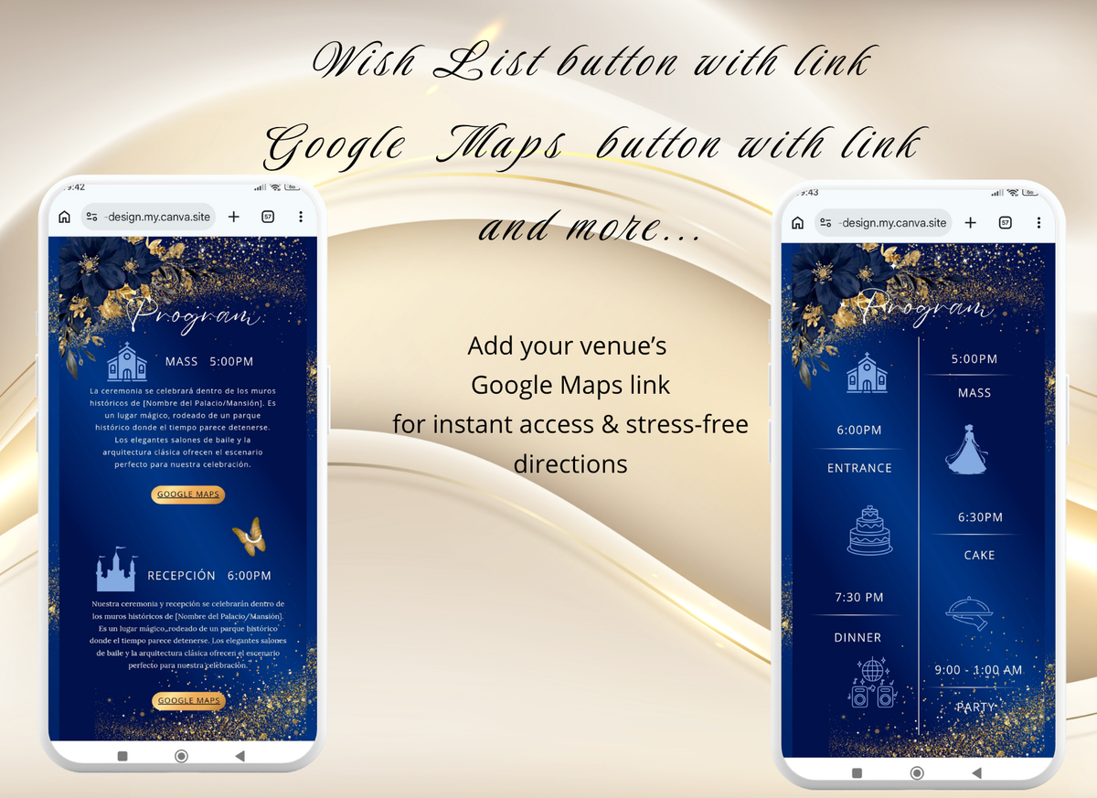 Navy Blue Quinceanera Invitation Website Digital, Princess Birthday Invitation Digital,(036qw)