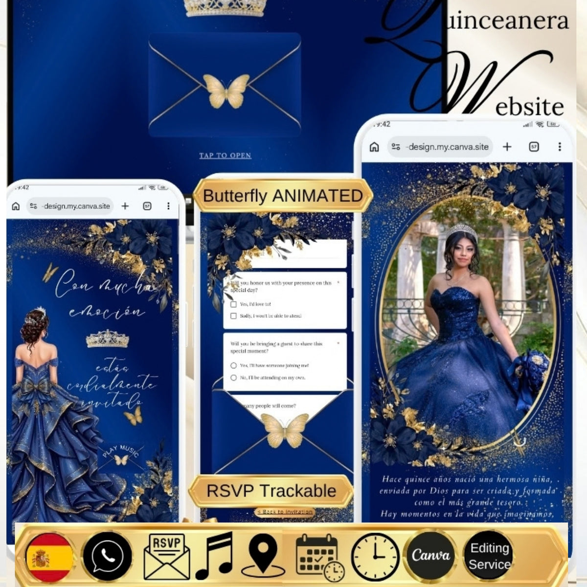 Navy Blue Quinceanera Invitation Website Digital, Princess Birthday Invitation Digital,(036qw)