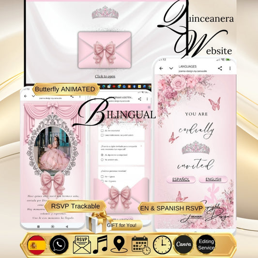 Pink Quinceanera Invitation Website Bilingual|Pink Mis 15 Quince Bilingual Invitation|044qB