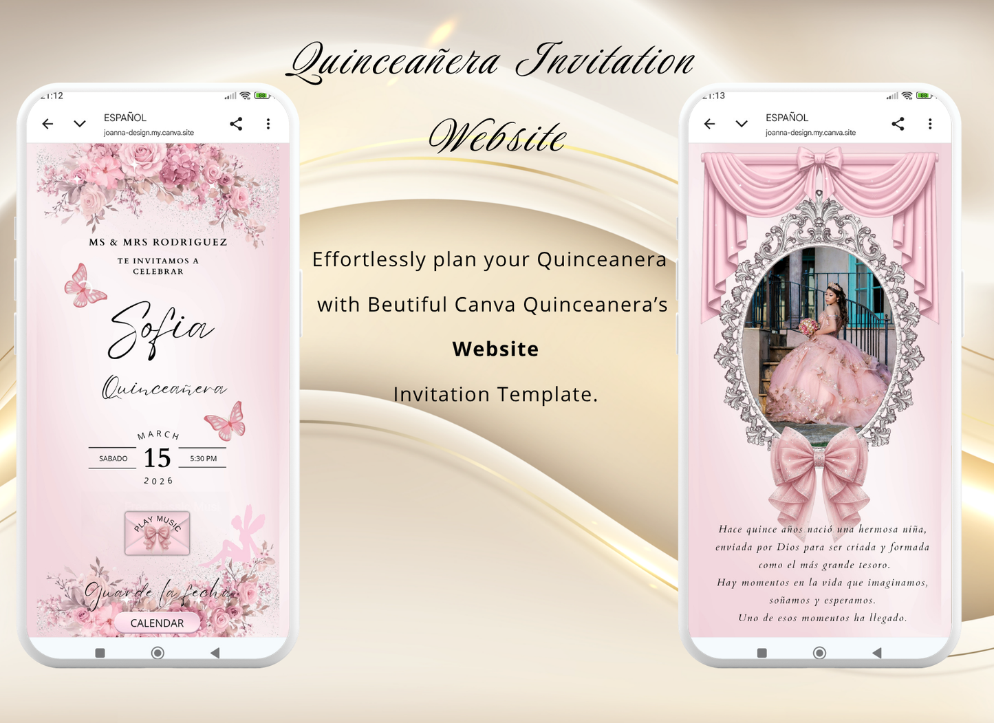 Pink Quinceanera Invitation Website Bilingual|Pink Mis 15 Quince Bilingual Invitation|044qB