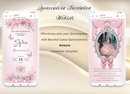Pink Quinceanera Invitation Website Bilingual|Pink Mis 15 Quince Bilingual Invitation|044qB