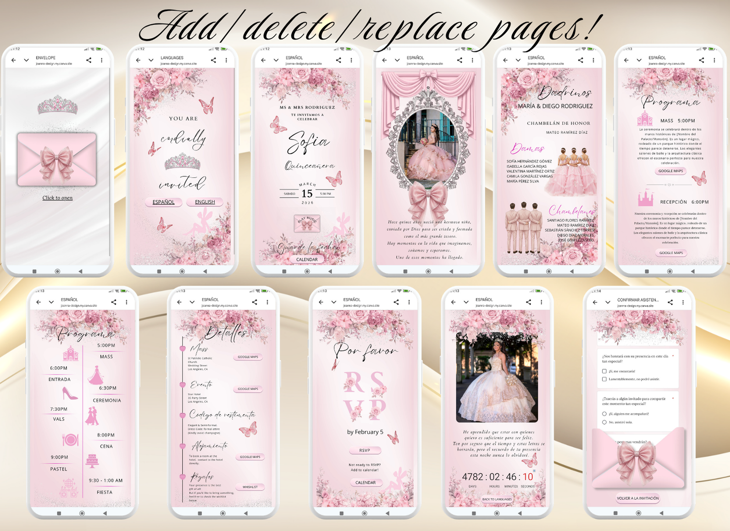Pink Quinceanera Invitation Website Bilingual|Pink Mis 15 Quince Bilingual Invitation|044qB