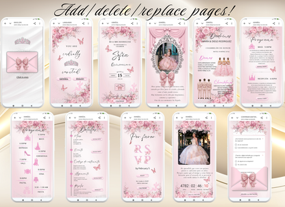 Pink Quinceanera Invitation Website Bilingual|Pink Mis 15 Quince Bilingual Invitation|044qB