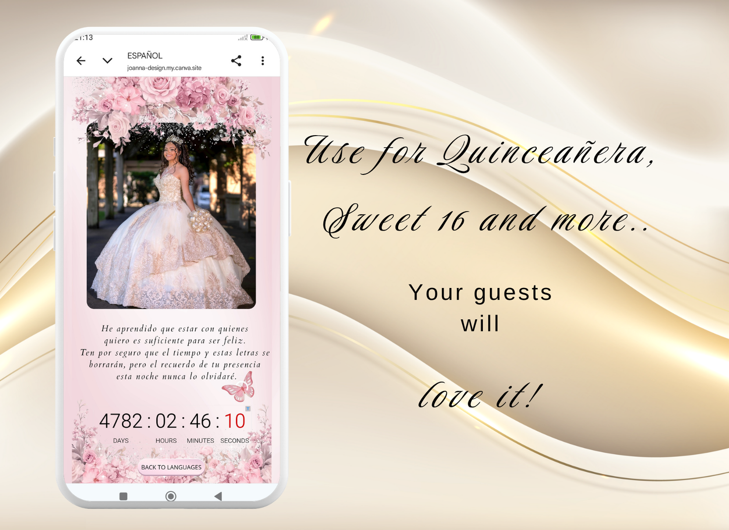 Pink Quinceanera Invitation Website Bilingual|Pink Mis 15 Quince Bilingual Invitation|044qB