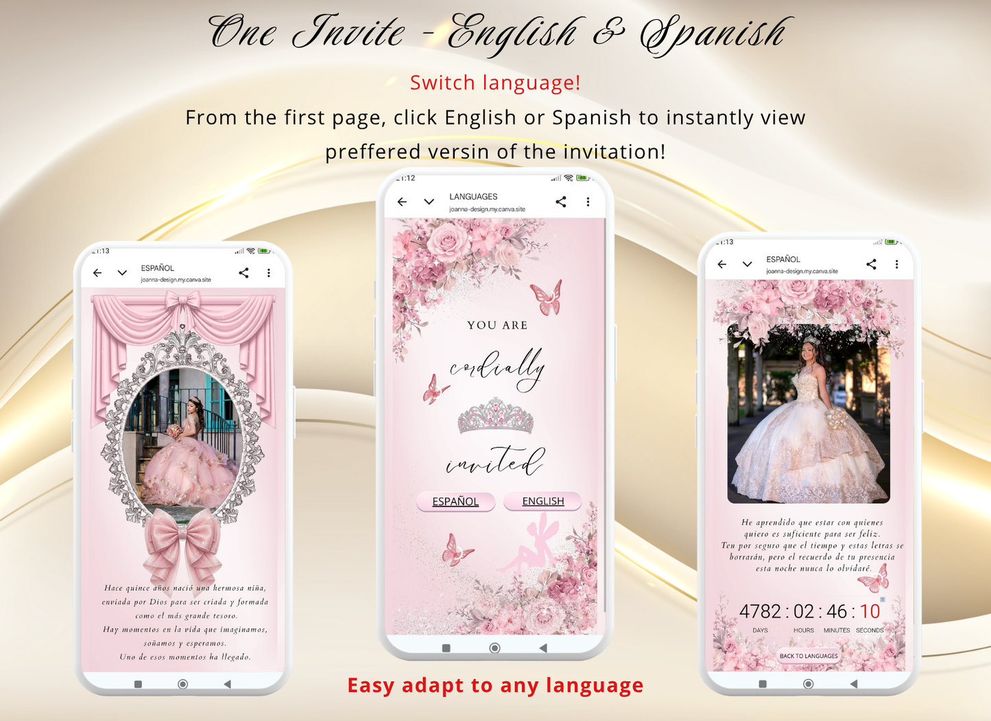 Pink Quinceanera Invitation Website Bilingual|Pink Mis 15 Quince Bilingual Invitation|044qB