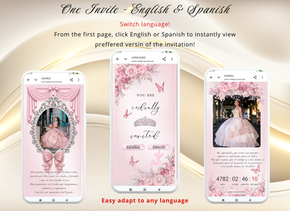 Pink Quinceanera Invitation Website Bilingual|Pink Mis 15 Quince Bilingual Invitation|044qB