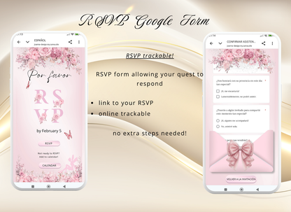 Pink Quinceanera Invitation Website Bilingual|Pink Mis 15 Quince Bilingual Invitation|044qB