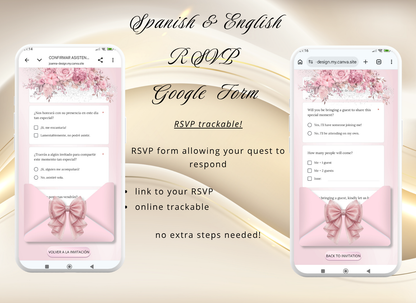 Pink Quinceanera Invitation Website Bilingual|Pink Mis 15 Quince Bilingual Invitation|044qB
